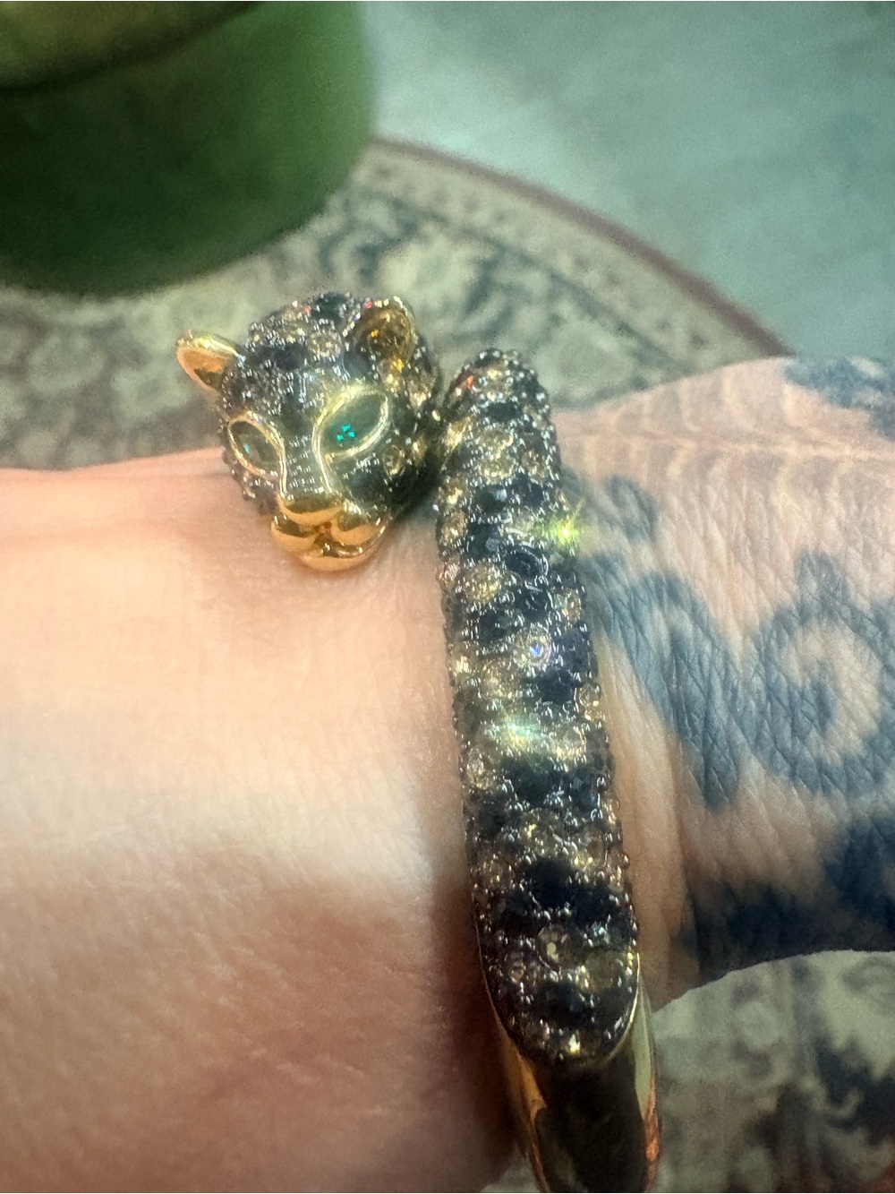 Gold Leopards Cuff Bracelet with Sapphire Colored Pavé Crystals and Emerald Eyes
